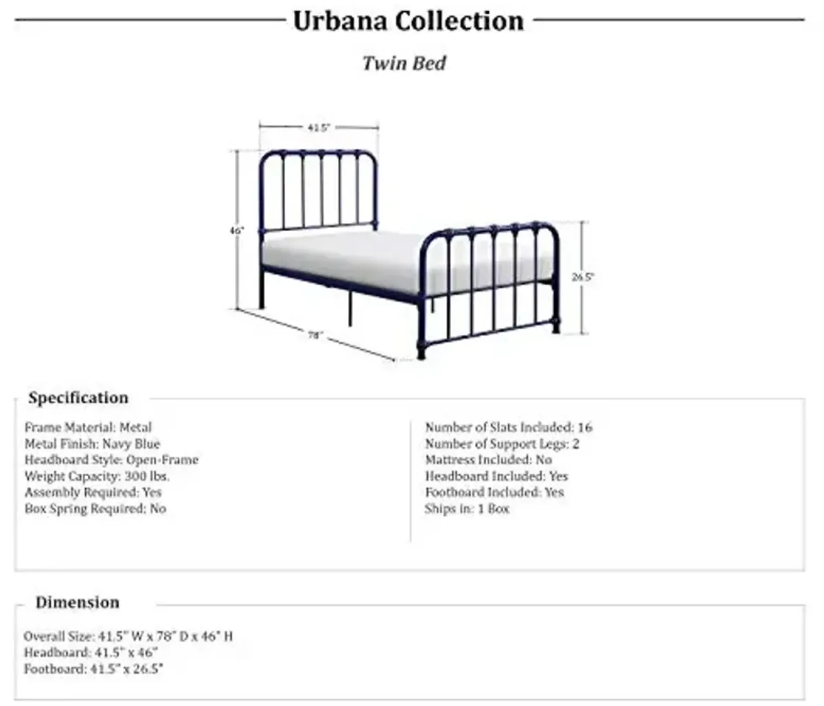 Lexicon Twin Metal Bed Frame, Metal Platform Bed with Strong Metal Slat Support Under Bed Storage, Twin Bed Frame with Headboard, No Box Spring Needed, Easy Assembly, Twin, Navy Blue