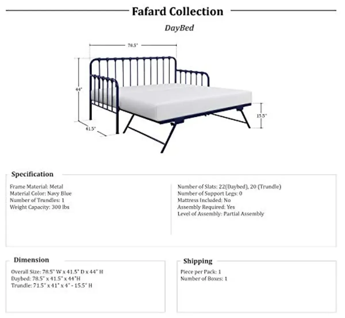 Homelegance Lexicon Metal Daybed with Trundle Mattress Foundation with Steel Slat Support, Easy Assembly, Twin Size, Multi-Functional Furniture, Navy Blue