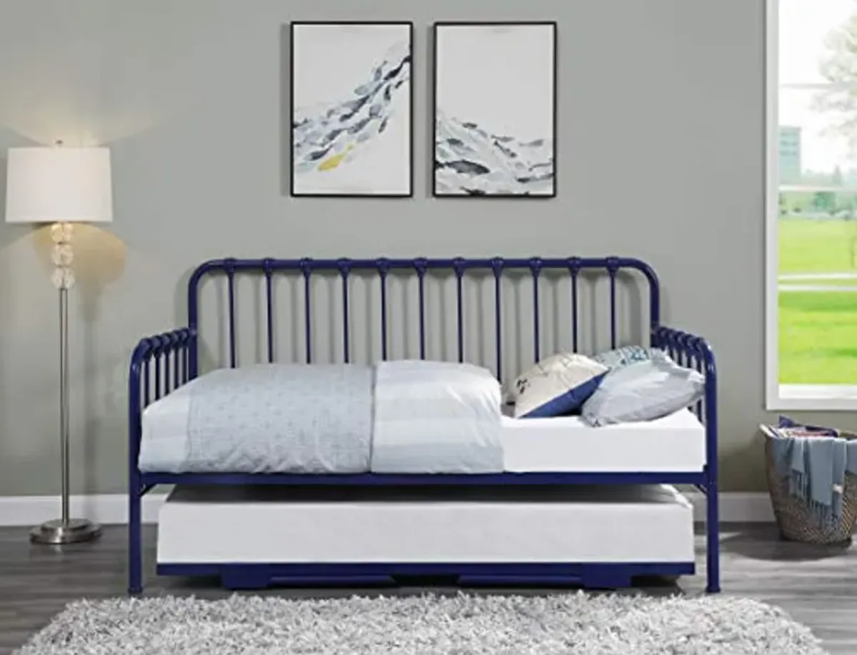 Homelegance Lexicon Metal Daybed with Trundle Mattress Foundation with Steel Slat Support, Easy Assembly, Twin Size, Multi-Functional Furniture, Navy Blue