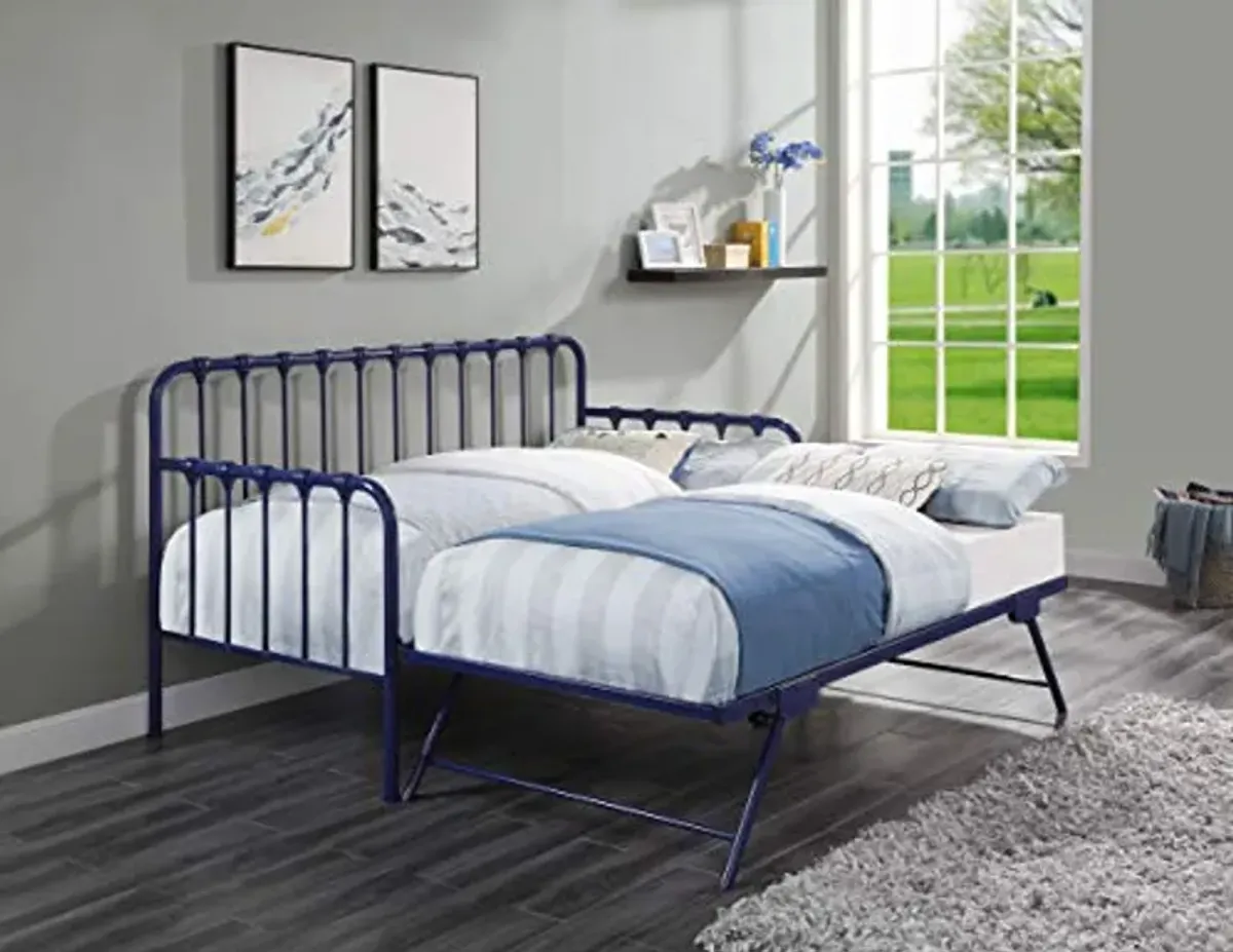 Homelegance Lexicon Metal Daybed with Trundle Mattress Foundation with Steel Slat Support, Easy Assembly, Twin Size, Multi-Functional Furniture, Navy Blue