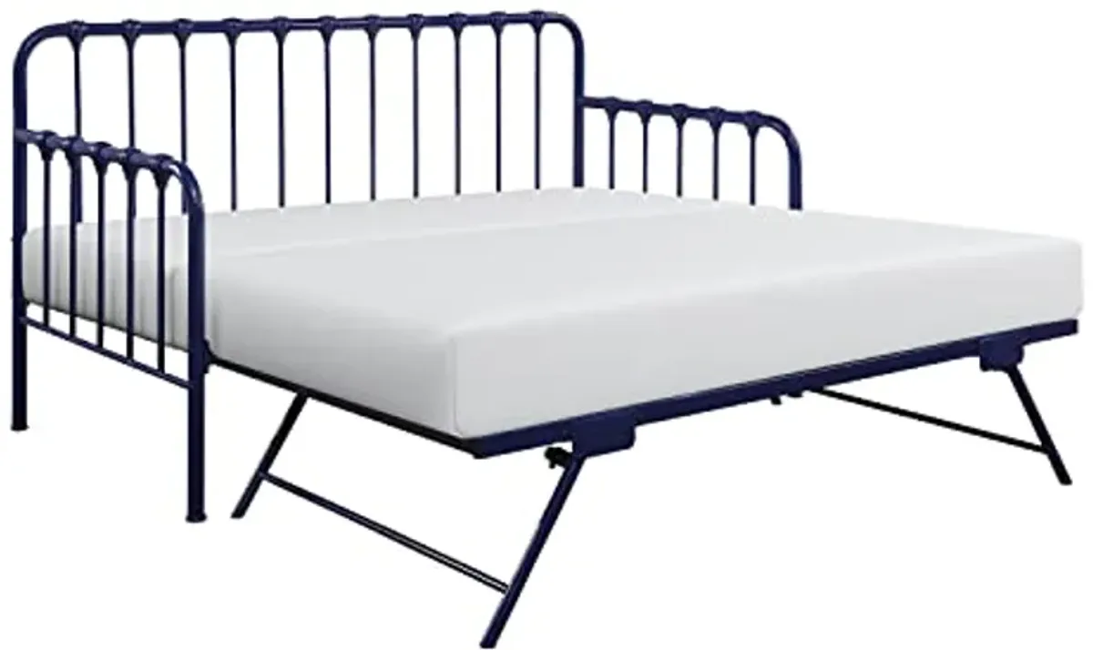 Homelegance Lexicon Metal Daybed with Trundle Mattress Foundation with Steel Slat Support, Easy Assembly, Twin Size, Multi-Functional Furniture, Navy Blue