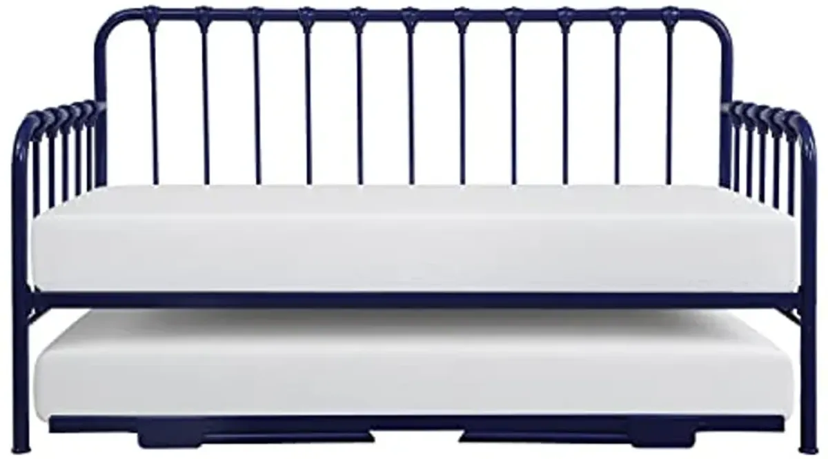 Homelegance Lexicon Metal Daybed with Trundle Mattress Foundation with Steel Slat Support, Easy Assembly, Twin Size, Multi-Functional Furniture, Navy Blue