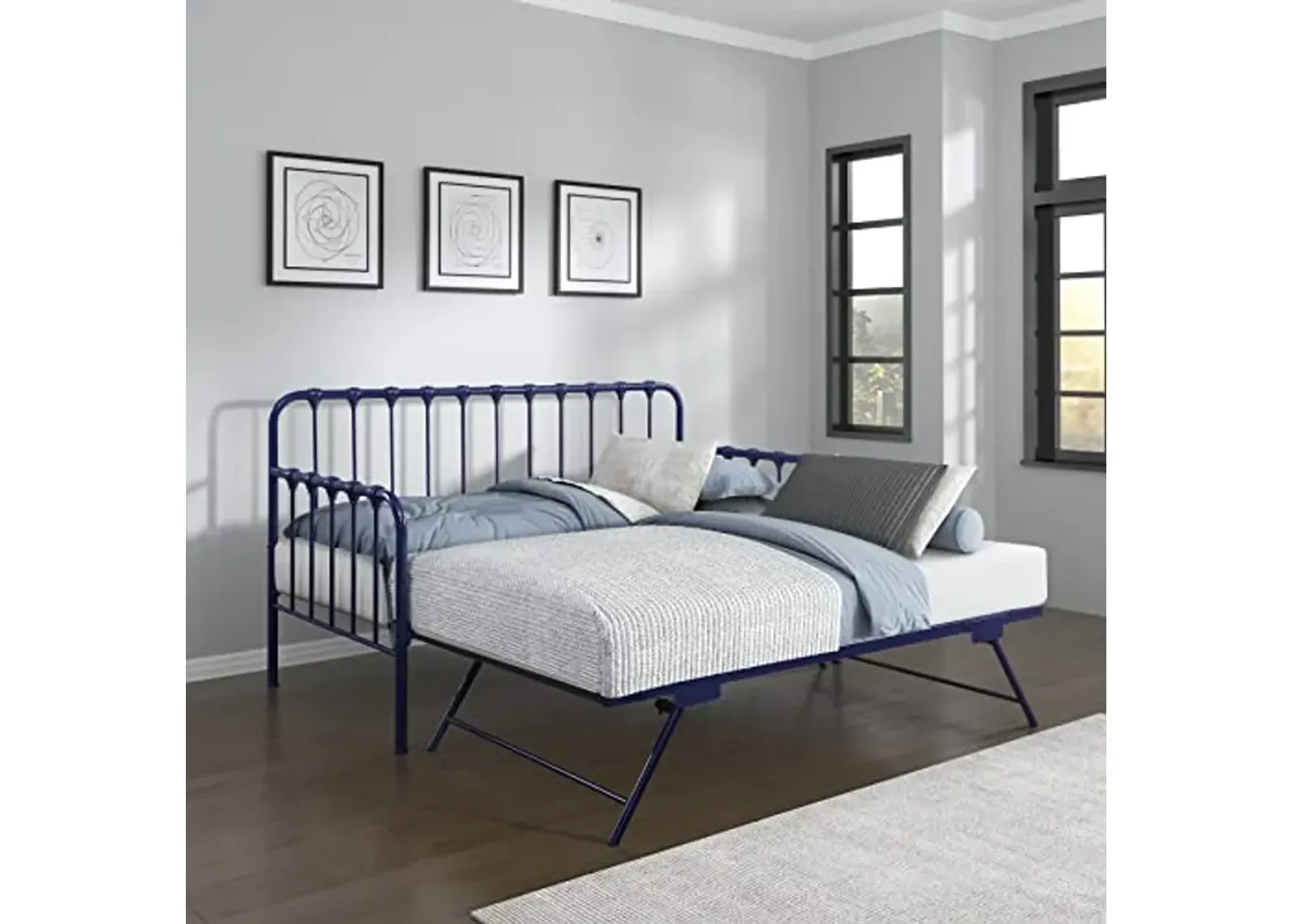 Homelegance Lexicon Metal Daybed with Trundle Mattress Foundation with Steel Slat Support, Easy Assembly, Twin Size, Multi-Functional Furniture, Navy Blue