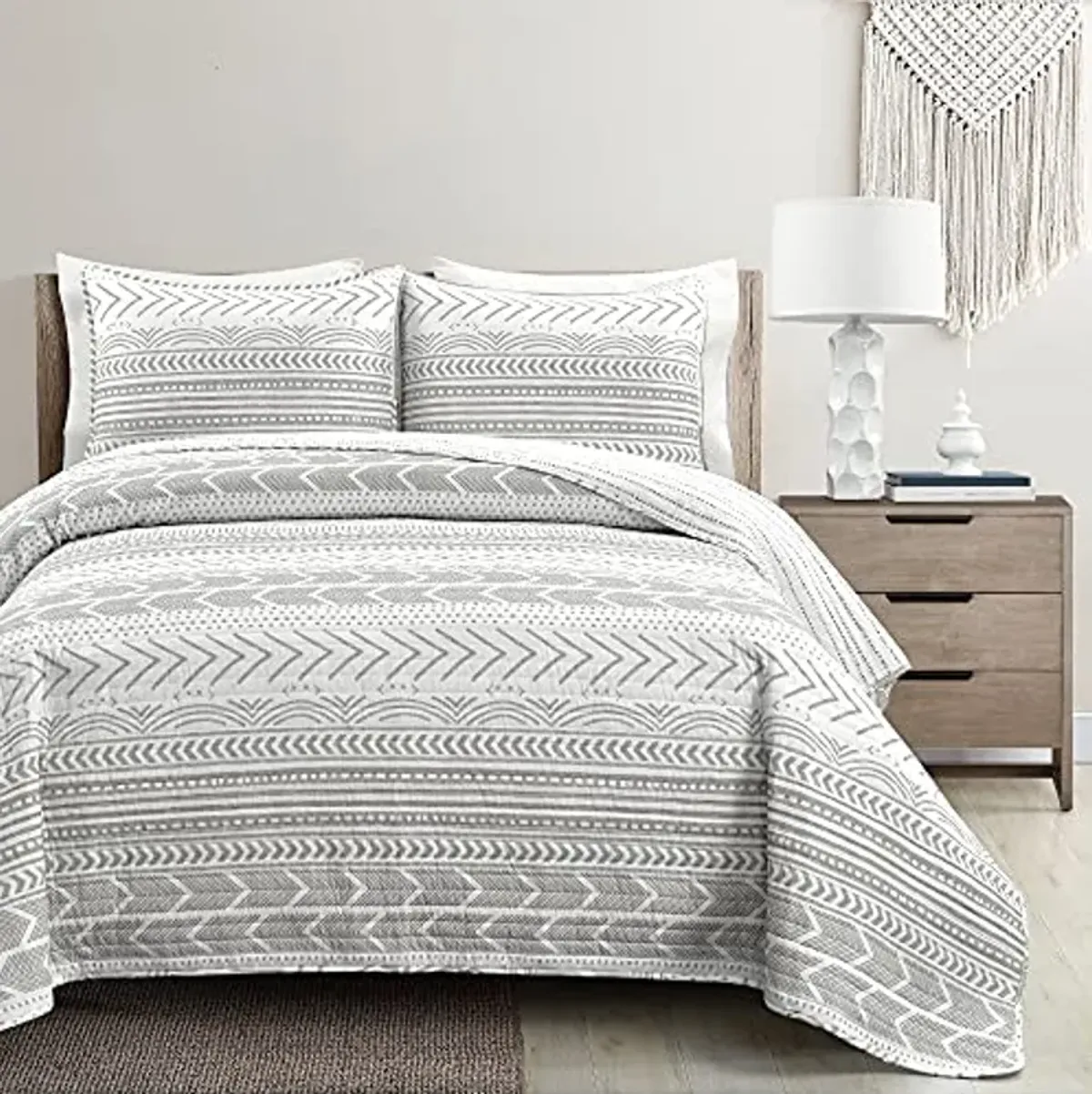 Lush Decor Hygge Geo Pattern Striped 3 Piece Quilt Bedding Set, Full/Queen, Gray & White