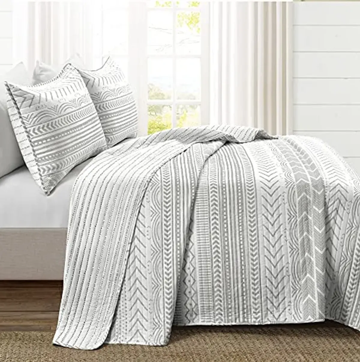 Lush Decor Hygge Geo Pattern Striped 3 Piece Quilt Bedding Set, Full/Queen, Gray & White