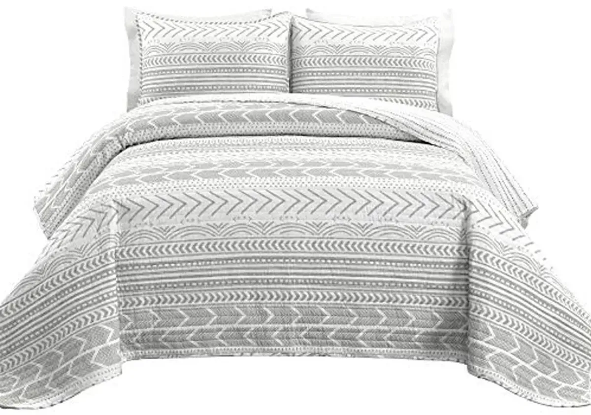 Lush Decor Hygge Geo Pattern Striped 3 Piece Quilt Bedding Set, Full/Queen, Gray & White