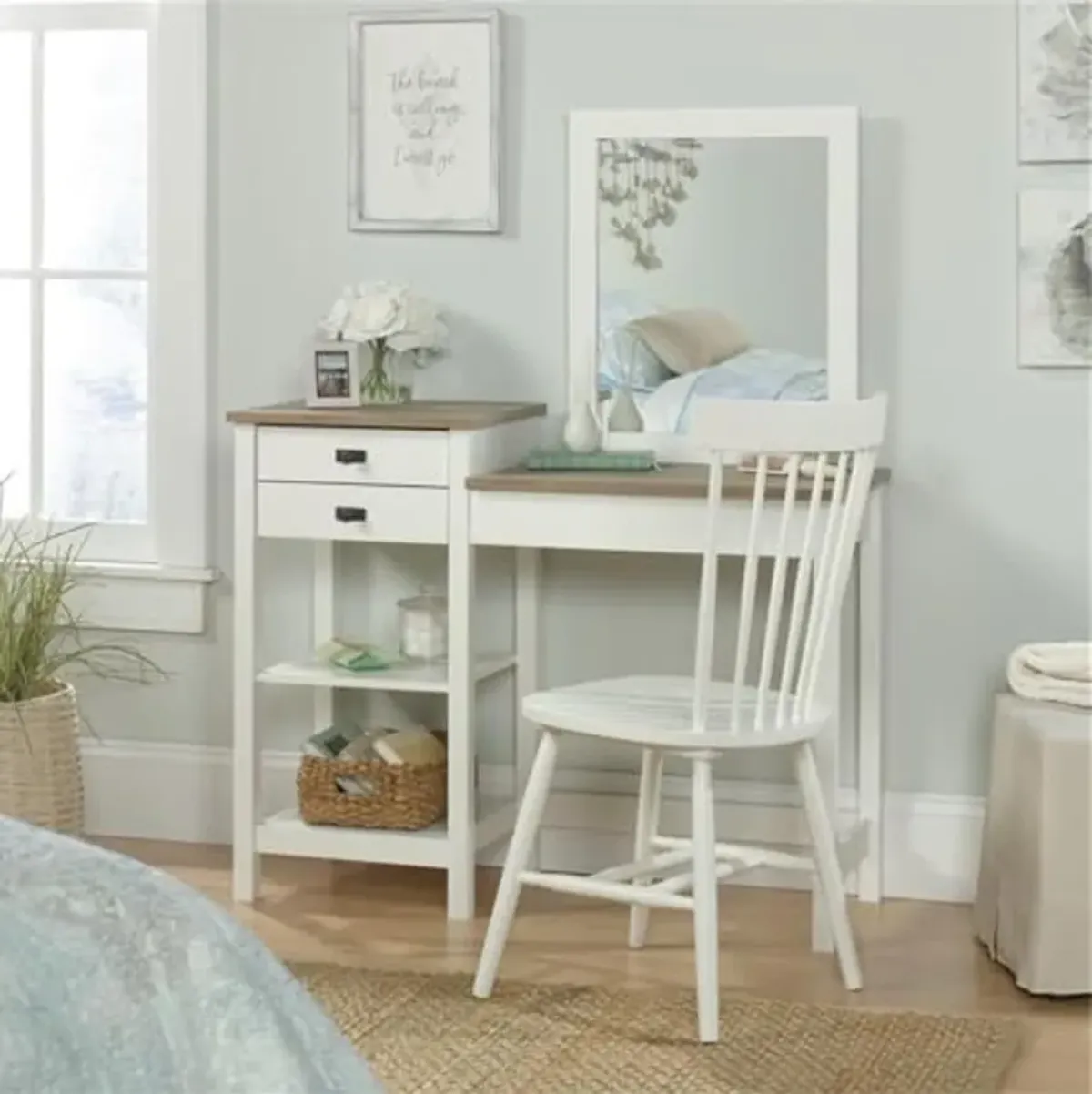 Sauder Cottage Road Engineered Wood Bedroom Vanity in Soft White and Lintel Oak