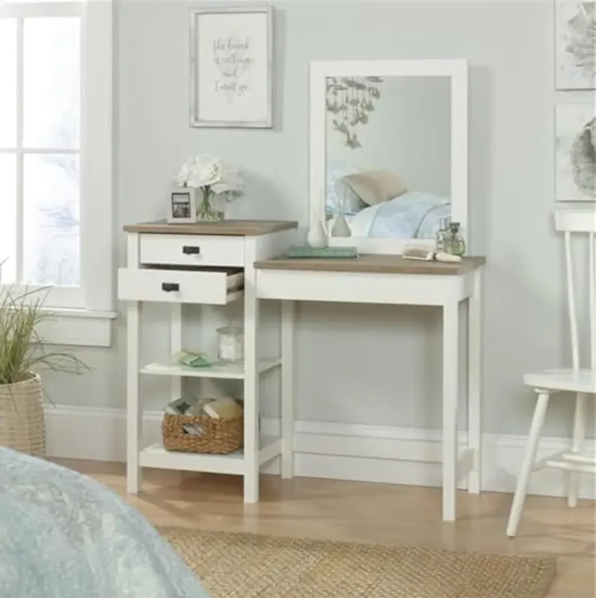 Sauder Cottage Road Engineered Wood Bedroom Vanity in Soft White and Lintel Oak