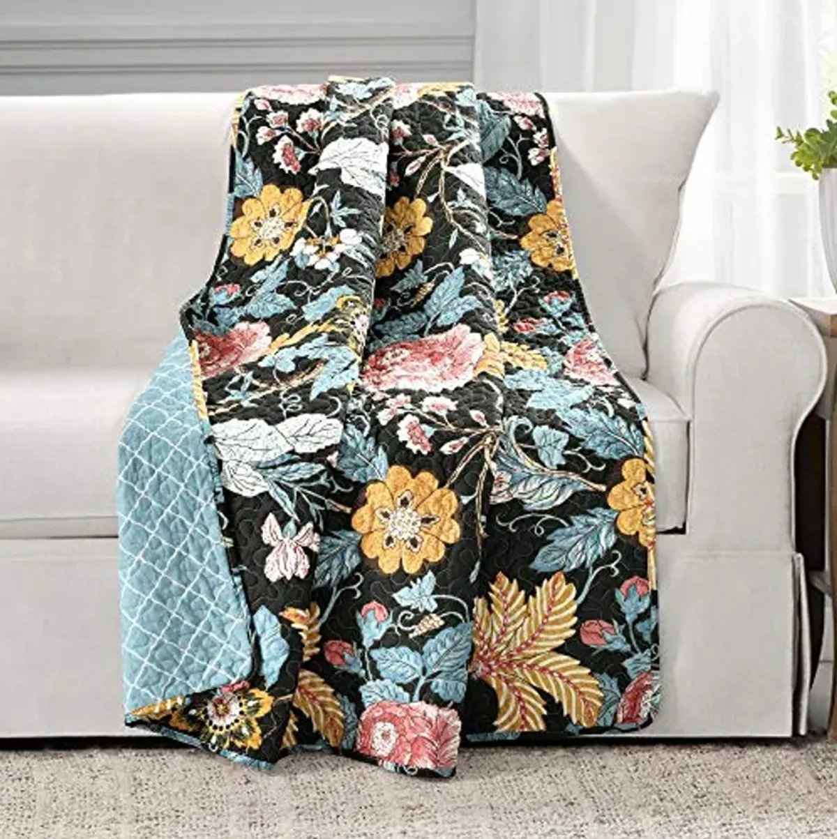 Lush Decor Sydney Floral Throw Blanket, 50" W x 60" L, Black & Blue - Colorful Quilted Cotton Blanket - Vintage Country Cottage Home Decor - Charming Botanical Garden Blanket For Bed, Couch, Or Chair