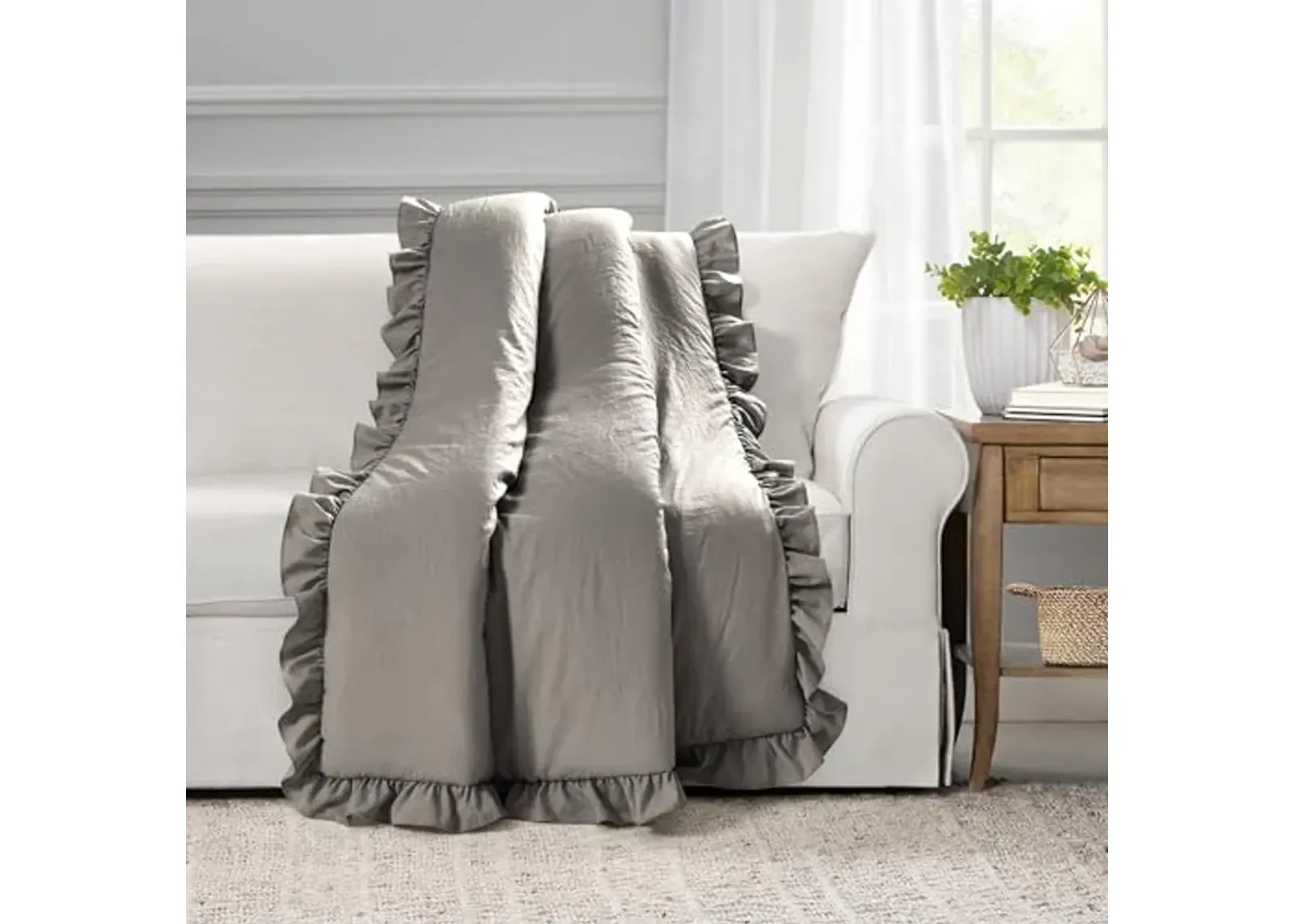 Lush Decor Reyna Soft Ruffle Throw Blanket, 50" W x 60" L, Gray - Modern Farmhouse Ruffle Blanket - Cozy Chic Textured Throw For Bed, Couch, or Chair