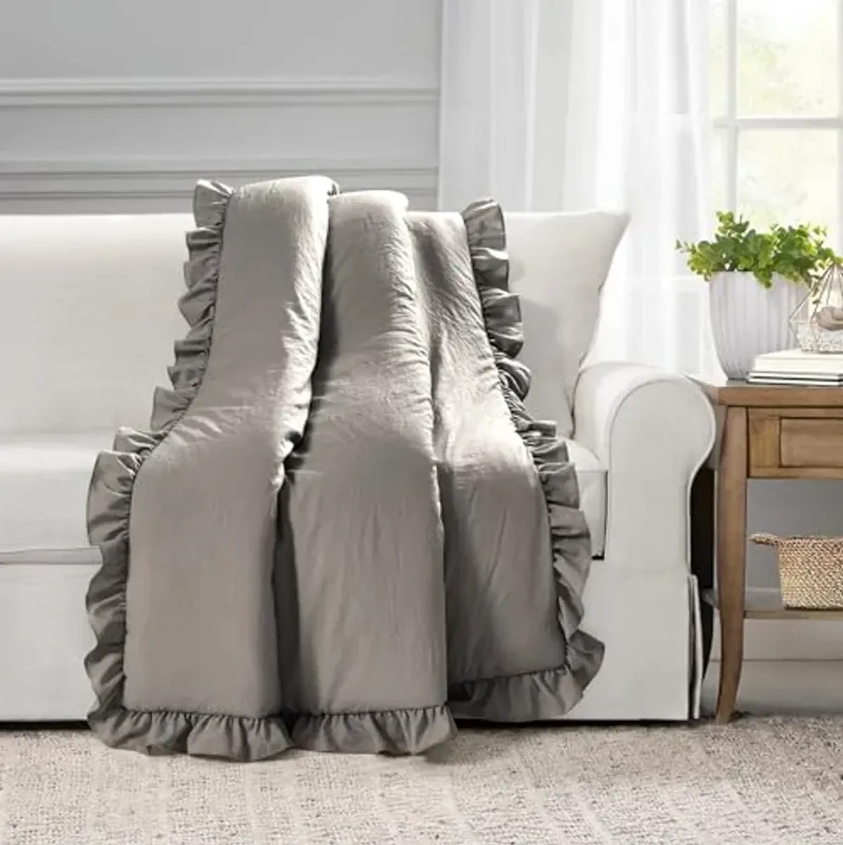 Lush Decor Reyna Soft Ruffle Throw Blanket, 50" W x 60" L, Gray - Modern Farmhouse Ruffle Blanket - Cozy Chic Textured Throw For Bed, Couch, or Chair