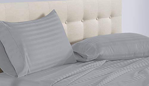 Epic Cotton Luxury Egyptian Cotton 800-Thread-Count Sateen 4 PCs Twin Sheet Set (+15 Inch) Pocket Depth, Silver Stripe