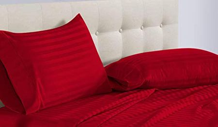 Epic Cotton Luxury Egyptian Cotton 800-Thread-Count Sateen 4 PCs Olympic Queen Sheet Set (+15 Inch) Pocket Depth, Red Stripe