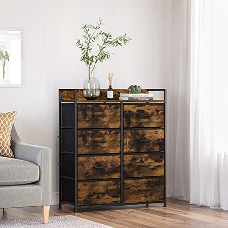 SONGMICS Drawer Dresser, Closet Storage Dresser, Chest of Drawers, 8 Fabric Drawers and Metal Frame with Handles, Rustic Brown and Black ULTS124B01