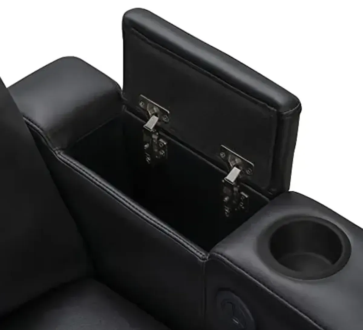 Abbyson Living Rider Powered Reclining Theater Chair - Built in USB/Power Outlet, Cup Holders, Tray/Side Table, Faux Leather Home Theater Chair, Black