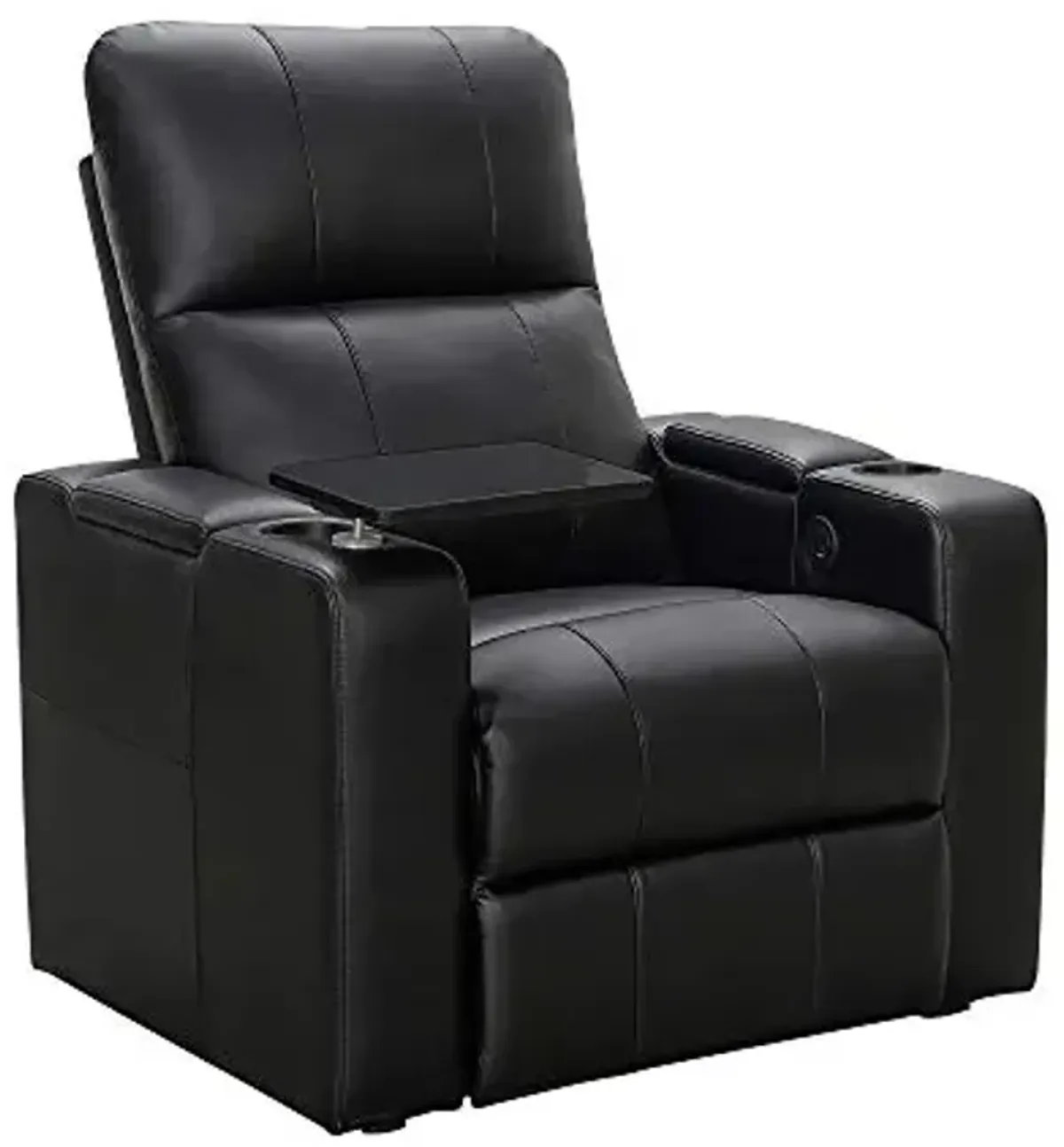 Abbyson Living Rider Powered Reclining Theater Chair - Built in USB/Power Outlet, Cup Holders, Tray/Side Table, Faux Leather Home Theater Chair, Black