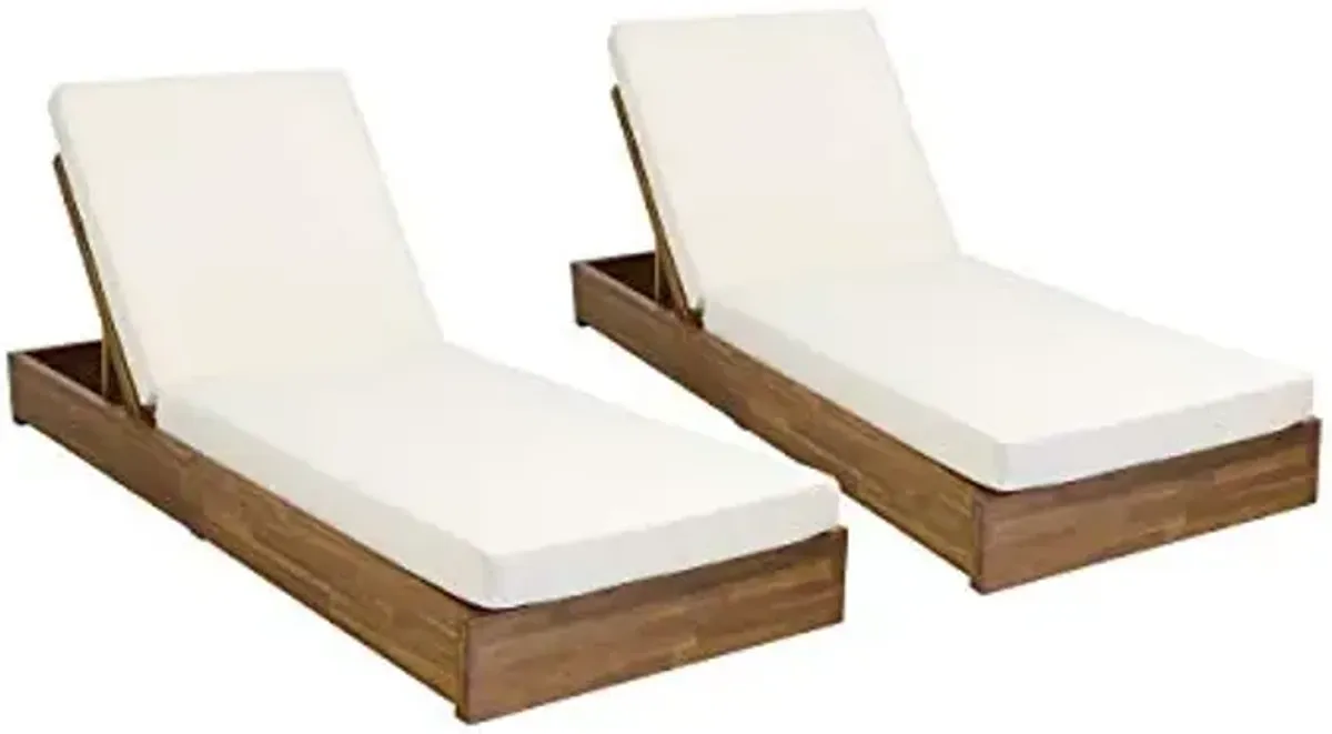 Abraham Outdoor Acacia Wood Chaise Lounge with Cushion (Set of 2), Teak and Cream