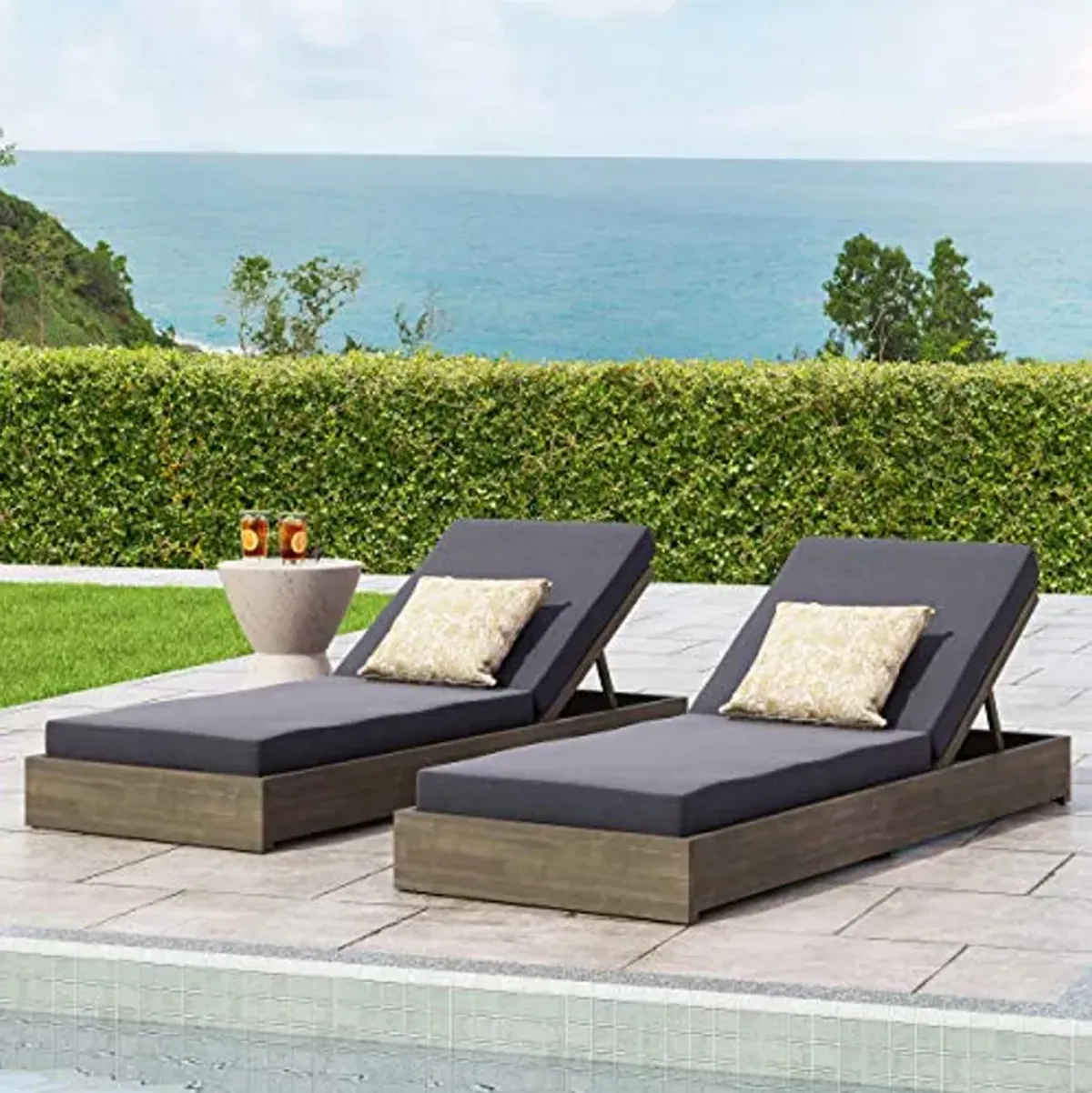 Abraham Outdoor Acacia Wood Chaise Lounge with Cushion (Set of 2), Gray and Dark Gray