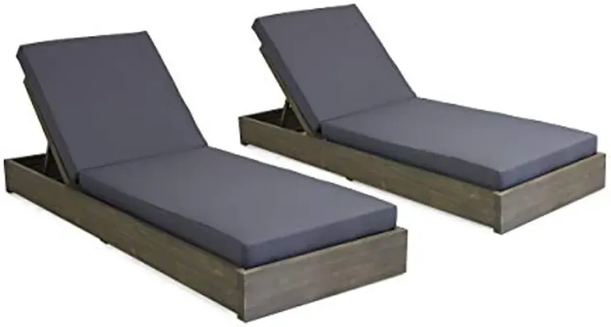 Abraham Outdoor Acacia Wood Chaise Lounge with Cushion (Set of 2), Gray and Dark Gray