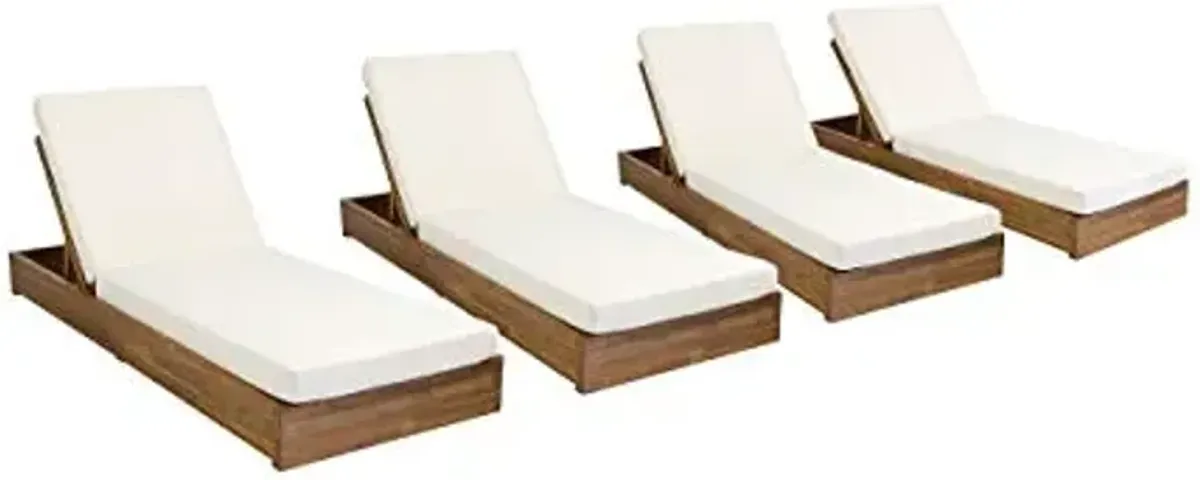 Christopher Knight Home Abraham Outdoor Acacia Wood Chaise Lounge with Cushion (Set of 4), Teak and Cream