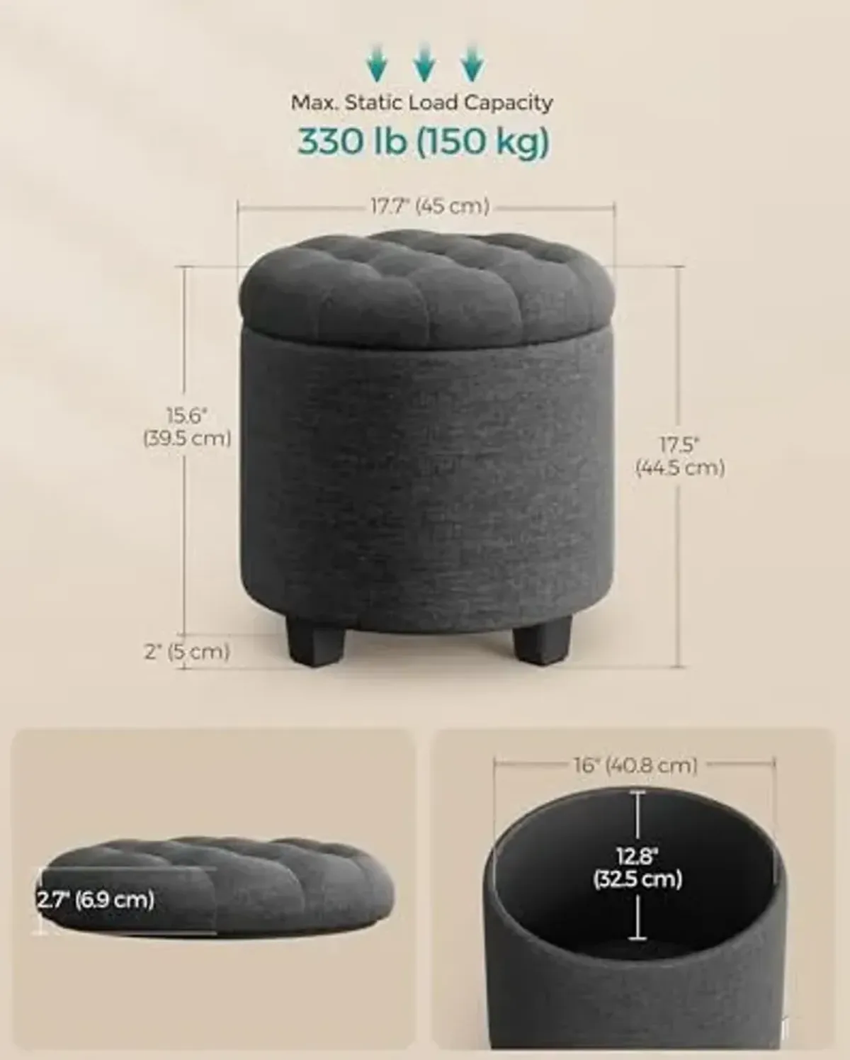 SONGMICS Round Ottoman, Ottoman with Storage, 17.7 Dia. x 17.5 H Inches Foot Rest with Legs, Load up to 330 lb, for Living Room, Bedroom, Dark Gray ULOM011G01