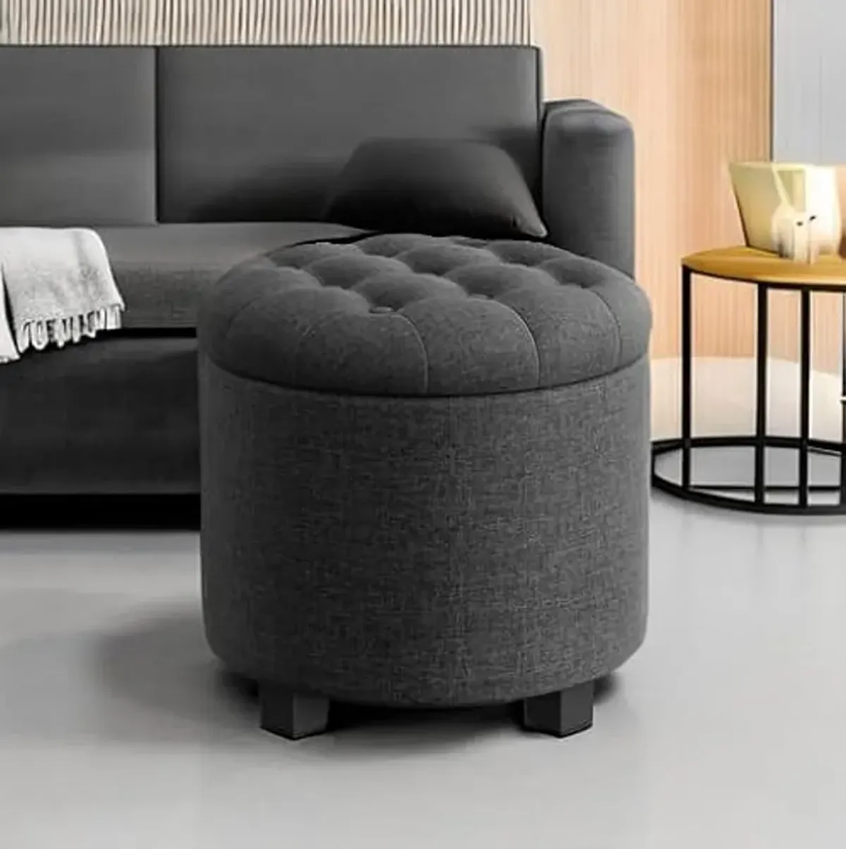 SONGMICS Round Ottoman, Ottoman with Storage, 17.7 Dia. x 17.5 H Inches Foot Rest with Legs, Load up to 330 lb, for Living Room, Bedroom, Dark Gray ULOM011G01