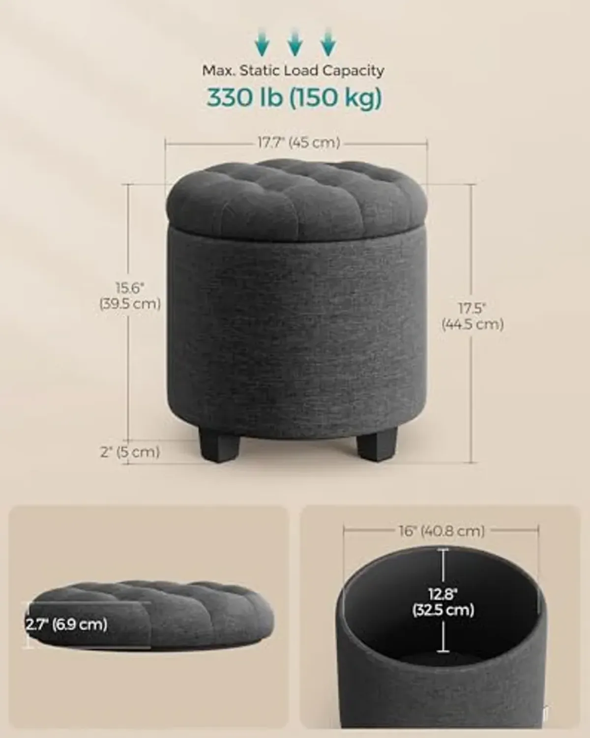 SONGMICS Round Ottoman, Ottoman with Storage, 17.7 Dia. x 17.5 H Inches Foot Rest with Legs, Load up to 330 lb, for Living Room, Bedroom, Dark Gray ULOM011G01