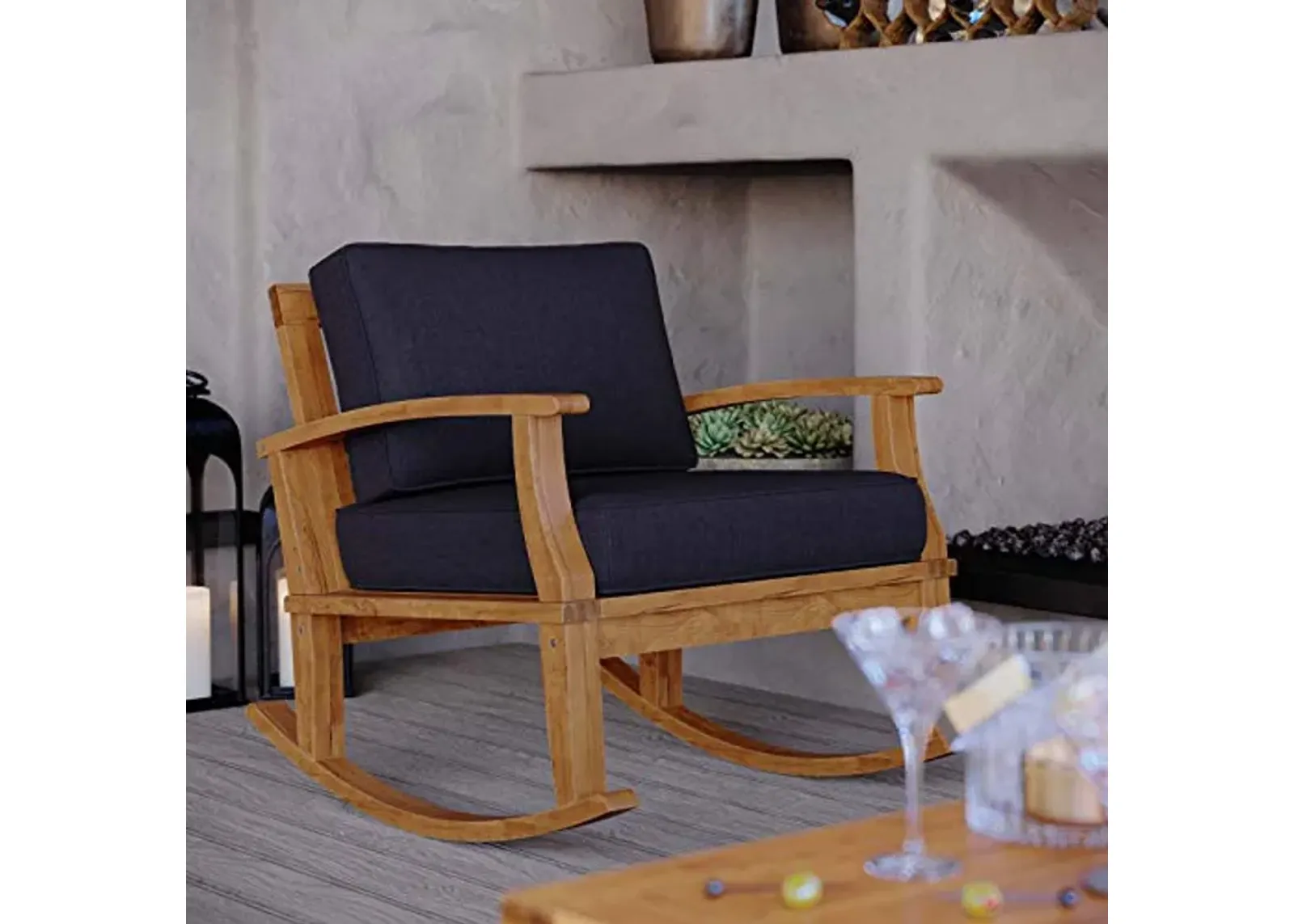 Modway EEI-4177-NAT-NAV Marina Patio Teak Rocking Chair, Natural Navy