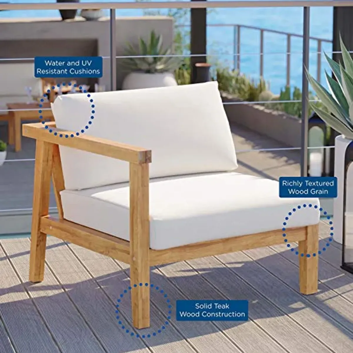 Modway EEI-4128-NAT-WHI Bayport Patio Teak Wood Left-Arm Chair, Natural White