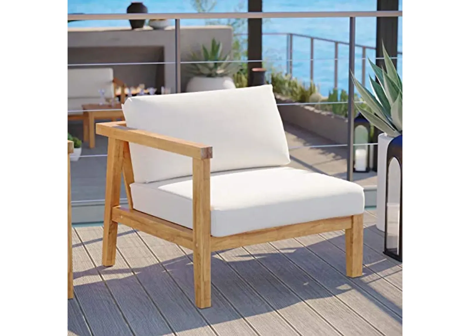 Modway EEI-4128-NAT-WHI Bayport Patio Teak Wood Left-Arm Chair, Natural White