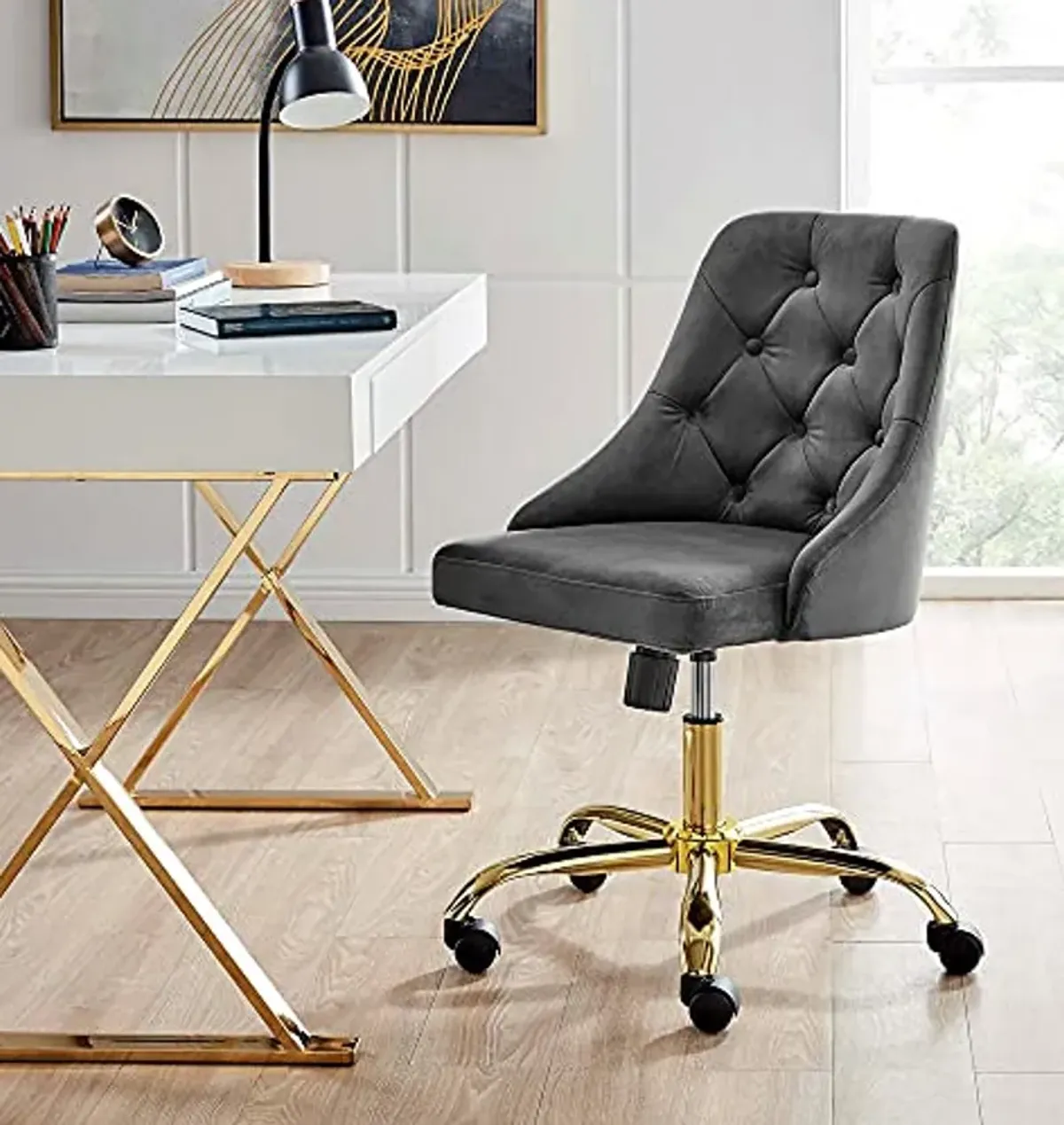 Modway EEI-4368-GLD-GRY Distinct Tufted Swivel Performance Velvet Office Chair, Gold Gray