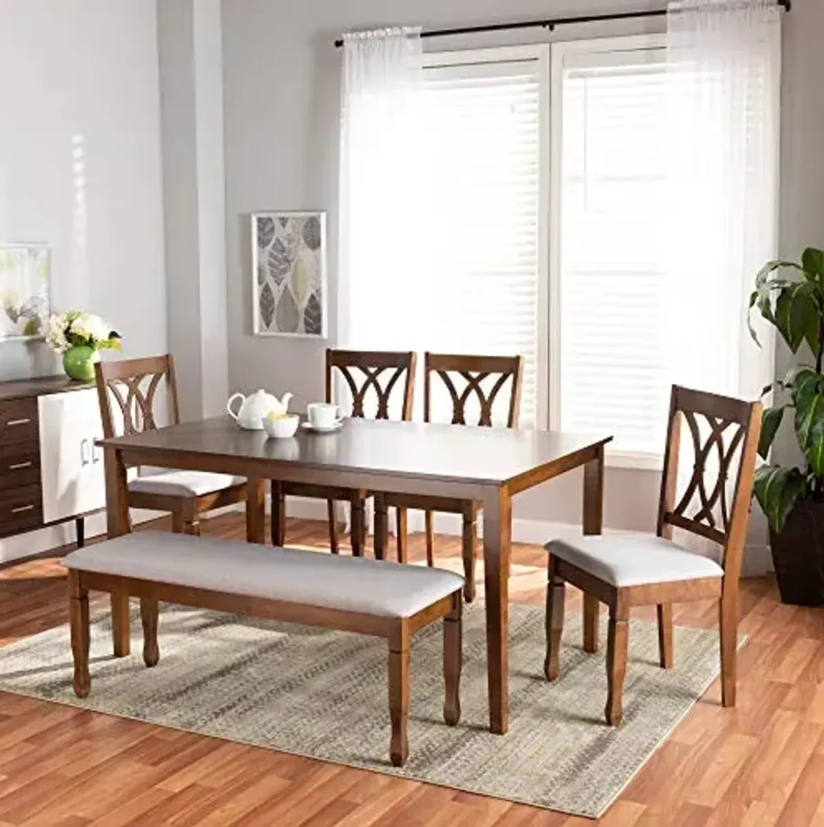 Baxton Studio Reneau Dining Set and Dining Set Grey Fabric Upholstered and Walnut Brown Finished Wood 6-Piece Dining Set