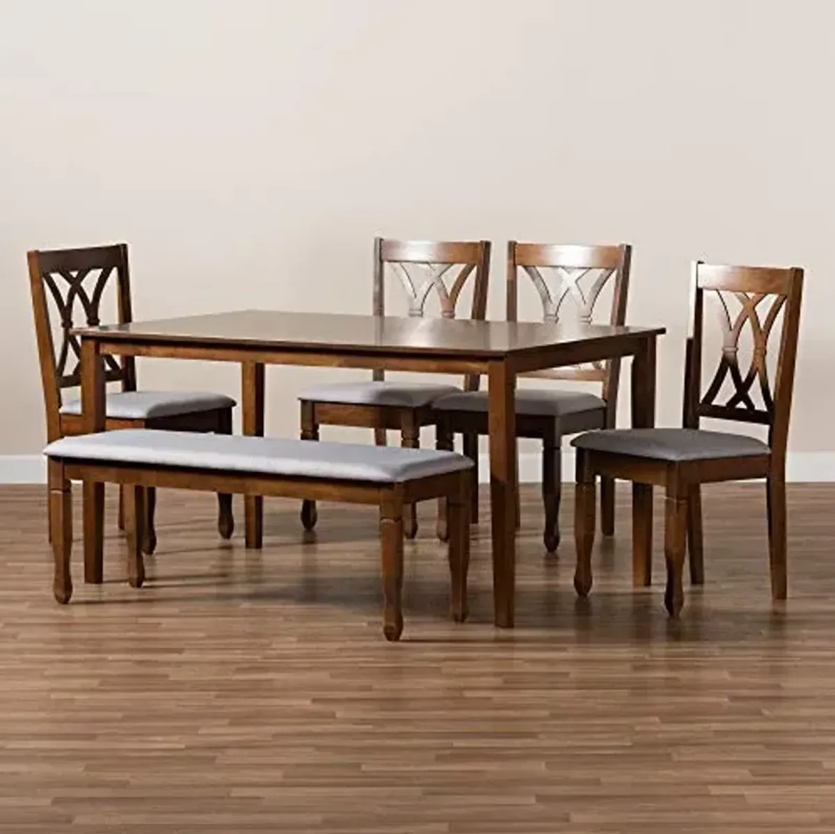 Baxton Studio Reneau Dining Set and Dining Set Grey Fabric Upholstered and Walnut Brown Finished Wood 6-Piece Dining Set