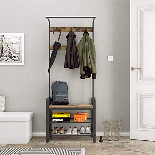 VASAGLE Coat Rack and Shoe Bench Bundle, Industrial Accent Furniture with Steel Frame, Mesh Shelves, for Entryway, Hallway, Easy Assembly, Industrial, Rustic Brown and Black UHSR40B and ULBS73X