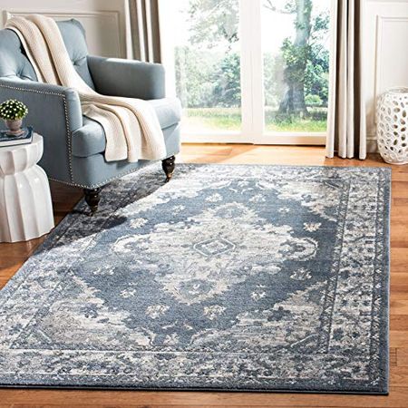 SAFAVIEH Oregon Collection 5'3" x 7' Blue/Cream ORE898A Oriental Distressed Non-Shedding Living Room Bedroom Dining Home Office Area Rug