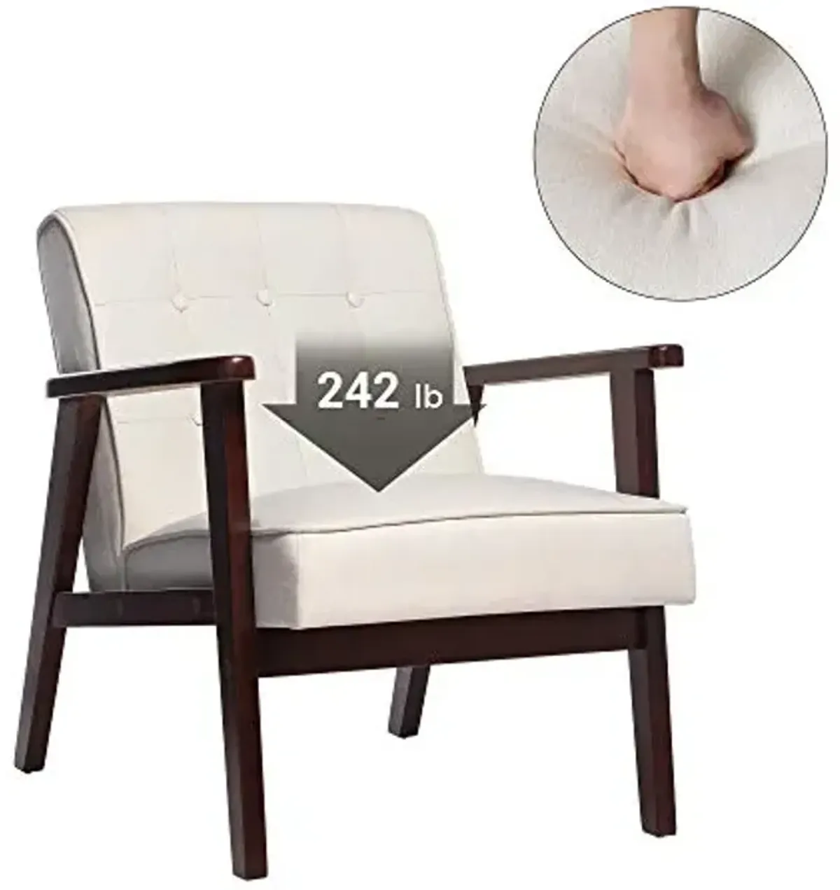 SONGMICS Accent Leisure Chair, Mid-Century Modern Arm Chair with Solid Wood Armrests and Legs, 1-Seat Cushioned Sofa for Living Room Bedroom Balcony Studio, Beige ULAC001M01