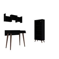 Manhattan Comfort Hampton Modern Home Basic Furniture Office Set with Writing Desk, Bookcase, and Floating Wall Décor Shelves, 3 Piece, Black