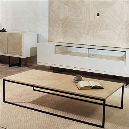 Manhattan Comfort Celine Mid Century Modern Living Room Rectangular Coffee Table with Steel Legs, 53.14", Nude Mosaic Wood