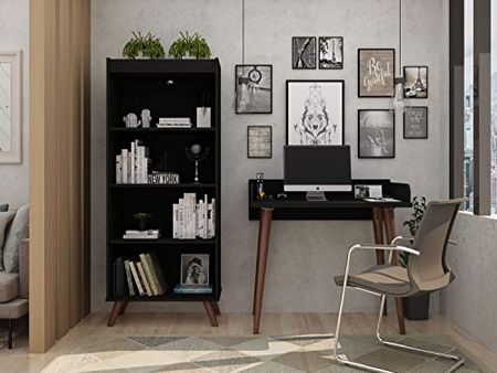 Manhattan Comfort Hampton Modern Home Basic Furniture Office Set with Writing Desk and Bookcase, 2 Piece, Black