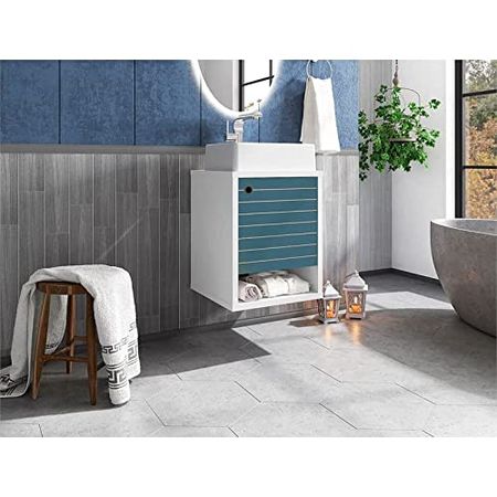 Manhattan Comfort Liberty Mid Century Modern 1 Shelf Floating Bathroom Vanity with Sink, 17.71", White/Aqua Blue
