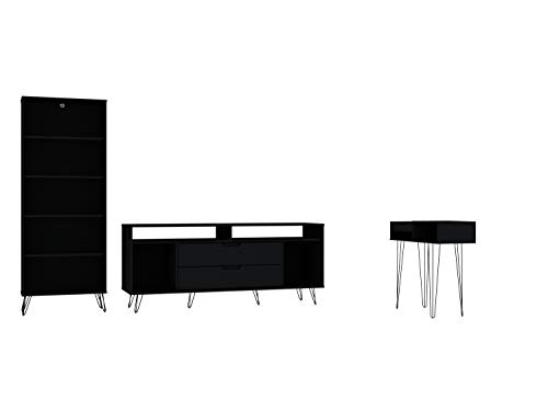 Manhattan Comfort Rockefeller Modern Living Room Television Stand Set with Bookcase and Console, 3 Piece, Black