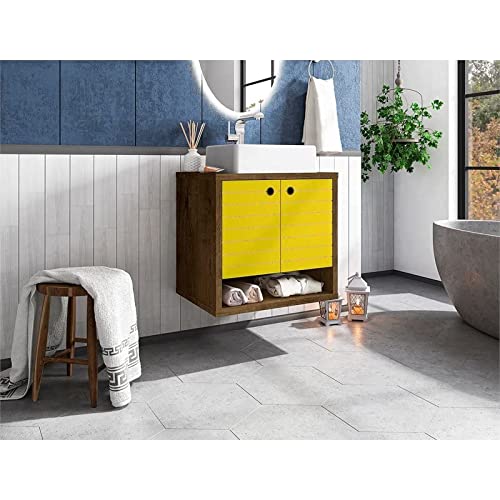 Manhattan Comfort Liberty Mid Century Modern 2 Shelves Floating Bathroom Vanity with Sink, 23.62", Brown/Yellow