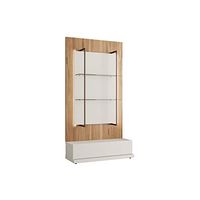 Manhattan Comfort Beaumont Mid Century Modern Modular Wall Décor Display Shelves with LED, 35.43", Off White/Cinnamon Light Brown
