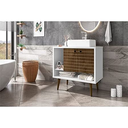 Manhattan Comfort Liberty Mid Century Modern 2 Shelves Bathroom Vanity with Sink, 31.49", White/Rustic Brown