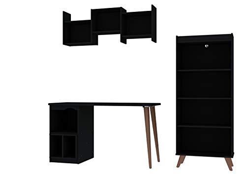 Manhattan Comfort Hampton Modern Home Basic Furniture Office Set with Writing Desk, Bookcase, and Floating Wall Décor Shelves, 3 Piece, Black