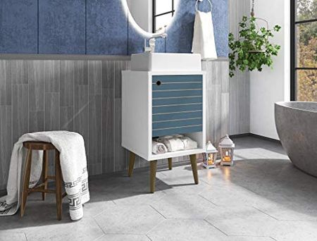 Manhattan Comfort Liberty Mid Century Modern 1 Shelf Bathroom Vanity with Sink, 17.71", White/Aqua Blue