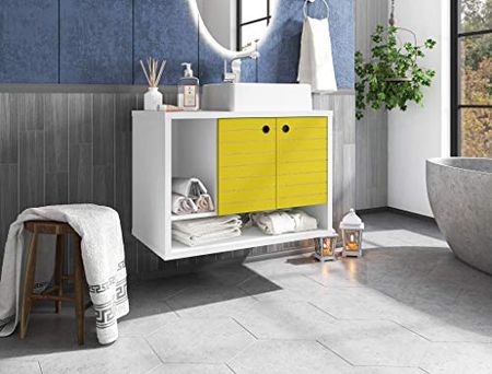 Manhattan Comfort Liberty Mid Century Modern 2 Shelves Floating Bathroom Vanity with Sink, 31.49", White/Yellow