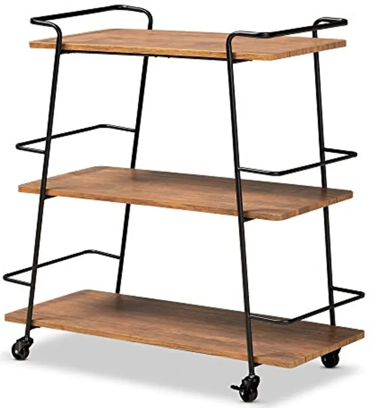 Baxton Studio Bernard Rustic Industrial Black Metal and Walnut Finishe Wood 3-Tier Mobile Wine Bar Cart