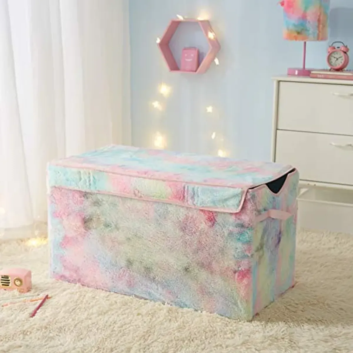 Heritage Kids Sorbet Dream Faux Fur Collapsible Toy Storage Trunk, 28" W, Tie Dye