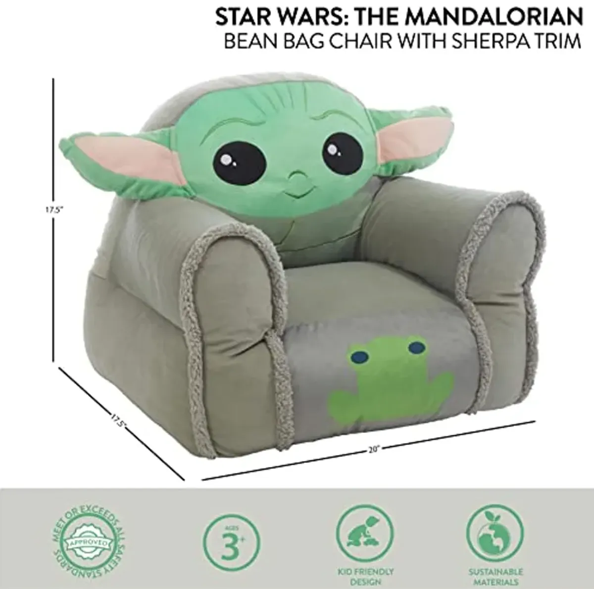 Idea Nuova Figural Mink with Sherpa Trim Bean Bag Chair for Toddlers and Kids, Star Wars Grogu